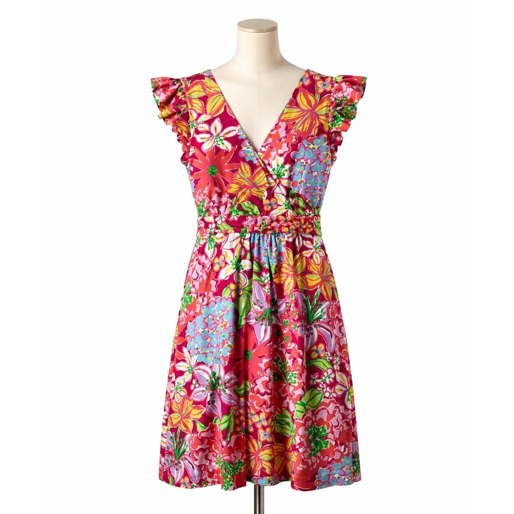 Lilly Pulitzer Pink Floral Cottagecore Silk Blend Ruffle Sleeve Summer Dress M